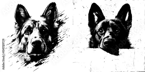 Isolated on white background, a pocket-sized sketch of a German Shepherd looking at you.
