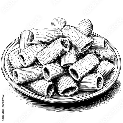 Illustration of Pasta Rigatoni Plate. Vintage woodcut engraving style.