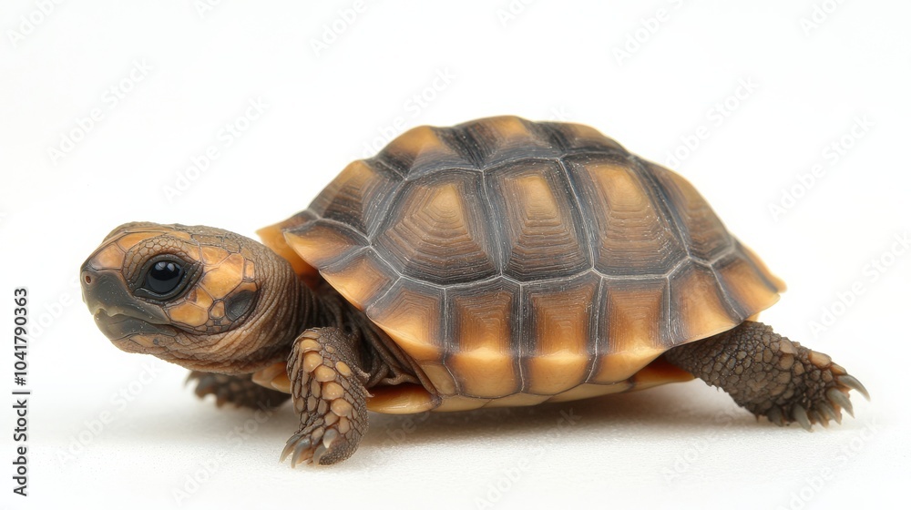 Fototapeta premium Sulcata tortoise hatchling with detailed ridges in its shell, slowly moving across a white background.