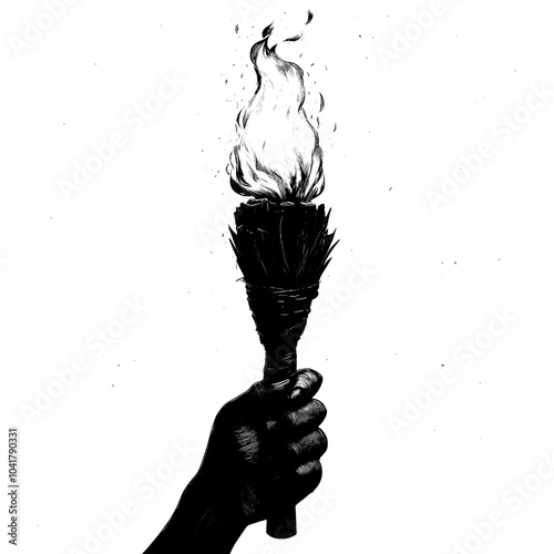 Hand holding a flaming torch, symbolizing enlightenment and freedom in a sketch engraving. An imitation of scratch boards.