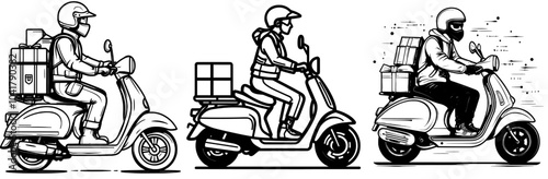 In black and white, a delivery man rides a scooter with a delivery bag photo