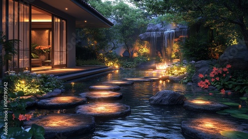 A small garden with water features and softly lit pathways for a tranquil atmosphere, photorealistic