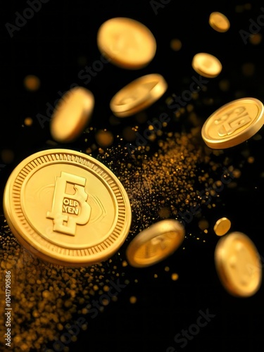 Gold Bitcoin coins, floating in space, black background, golden dust particles, dramatic lighting, macro photography, high detail, metallic sheen, digital currency concept, 3D rendering, financial tec photo