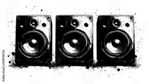 Black and White Woodcut Illustration of Speakers