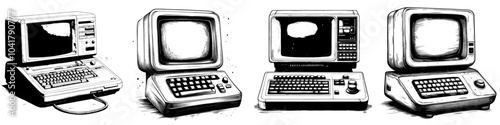 Detailed illustration of an old computer with intricate engravings, hand-drawn in the classic style