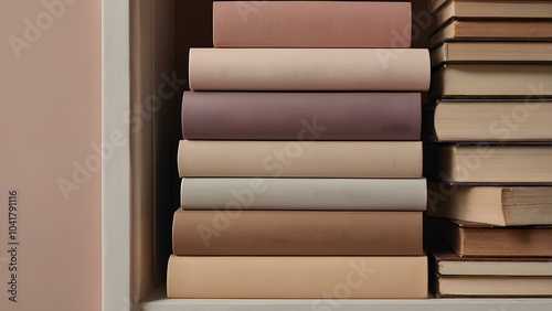 Neatly Stacked Books with Muted Tones in Bookshelf