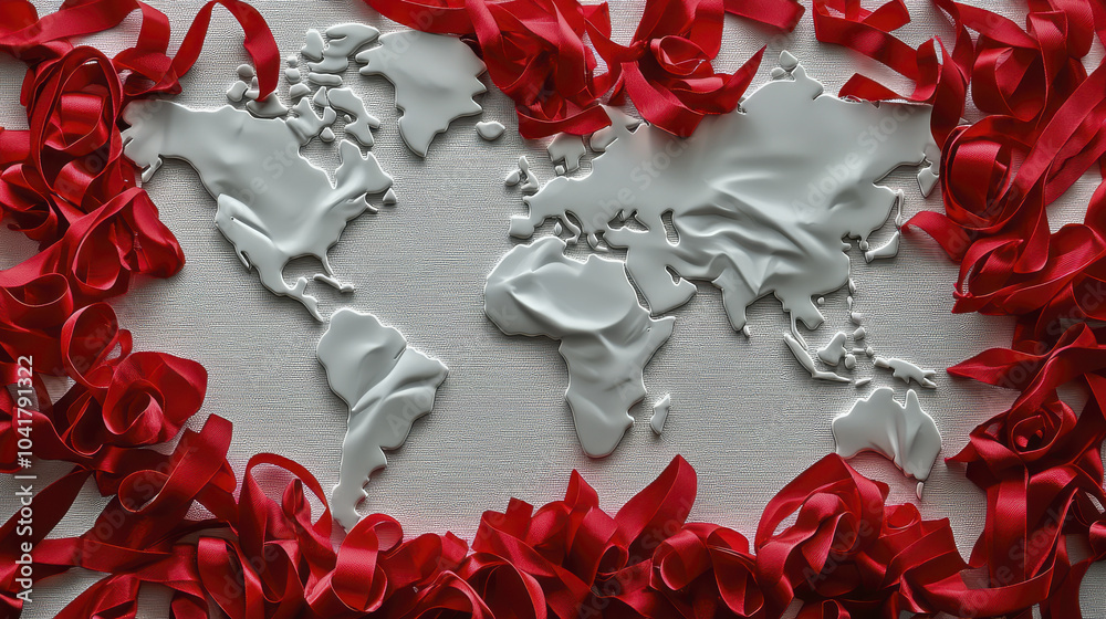 creative representation of global map surrounded by vibrant red ribbons, symbolizing connection and unity across continents. design evokes sense of global awareness and celebration creative representation of global map surrounded by vibrant red ribbons, symbolizing connection and unity across continents. design evokes sense of global awareness and celebration