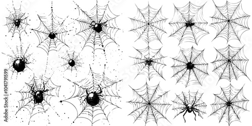 Stunning realistic web net illustration with spider on white background. Hand drawn doodle engraved line art illustration in vintage style. Happy Halloween, horror, icon set.