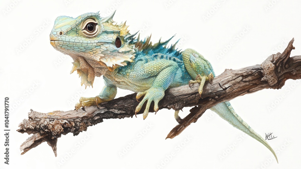 Naklejka premium Uncommon emerald swift lizard with its shimmering blue-green scales, perched on a branch against a white background.