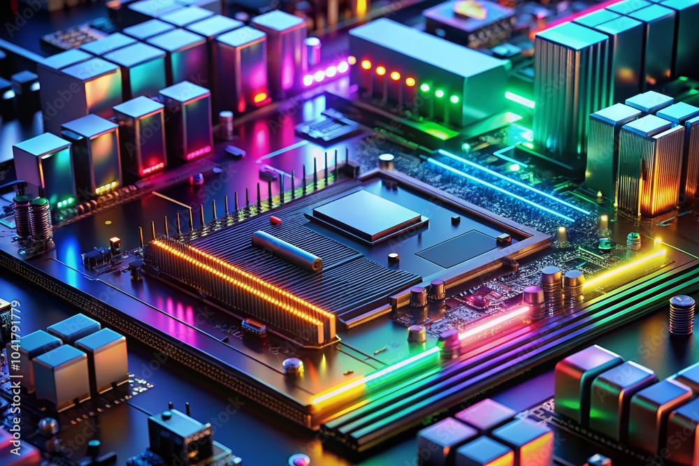 Closeup of a Computer Motherboard with RGB Lighting - Intricate Circuitry and Components for Tech Enthusiasts Closeup of a Computer Motherboard with RGB Lighting - Intricate Circuitry and Components for Tech Enthusiasts