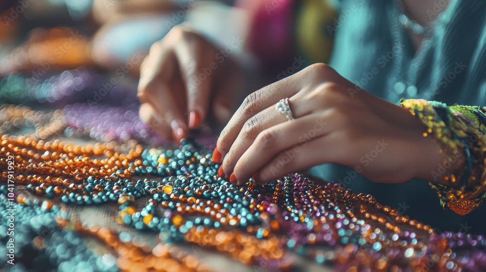 Creating handmade jewelry requires skill and creativity, as seen in this of woman carefully arranging colorful beads. vibrant colors and intricate designs reflect her artistic expression Creating handmade jewelry requires skill and creativity, as seen in this of woman carefully arranging colorful beads. vibrant colors and intricate designs reflect her artistic expression