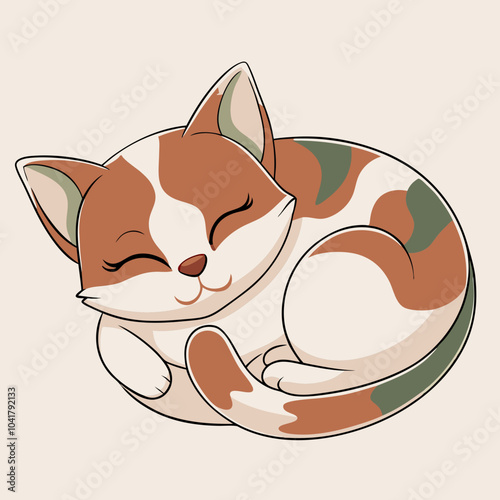 Cute sleeping cat illustration with a happy expression on a light background copy space
