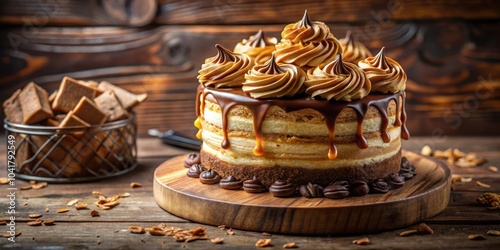 A decadent caramel cake with rich chocolate frosting, a swirl of caramel, and coffee beans scattered around the base, sits invitingly on a wooden board.