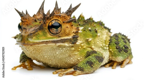 Uncommon horned frog with intricate green and brown markings, showing off its unique appearance on a white background.