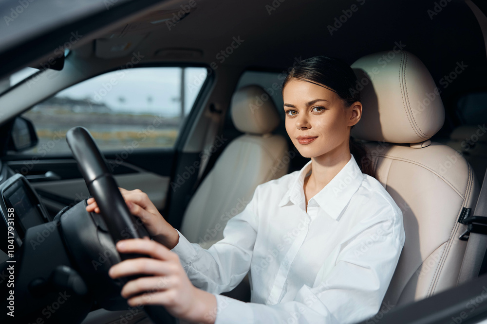 Smiling woman in driver's seat holds steering wheel confidently; interior car shot, casual attire, bright day, frontfacing view Smiling woman in driver's seat holds steering wheel confidently; interior car shot, casual attire, bright day, frontfacing view
