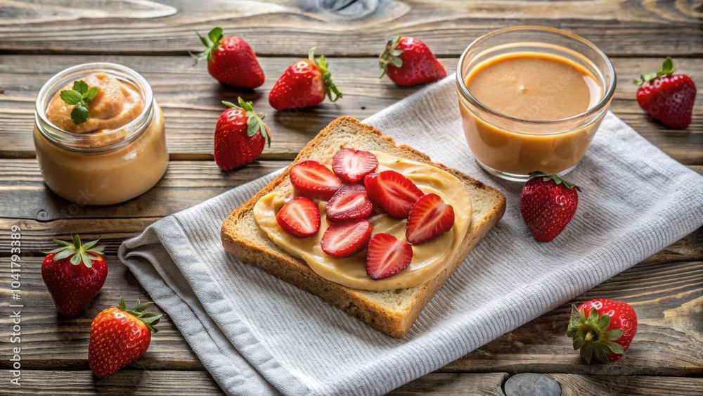 A simple yet delicious breakfast of toast spread with peanut butter and topped with sliced strawberries, accompanied by a glass of creamy peanut butter A simple yet delicious breakfast of toast spread with peanut butter and topped with sliced strawberries, accompanied by a glass of creamy peanut butter
