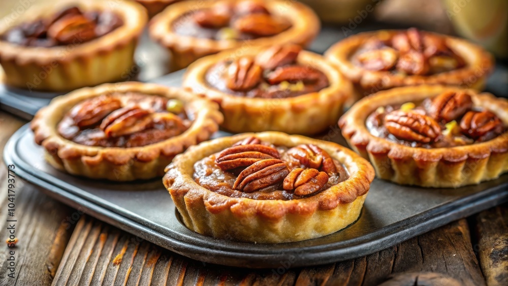 A close-up shot of freshly baked pecan tarts, arranged in a baking pan on a wooden table, with the golden brown crust and sweet pecan filling shining in the light A close-up shot of freshly baked pecan tarts, arranged in a baking pan on a wooden table, with the golden brown crust and sweet pecan filling shining in the light