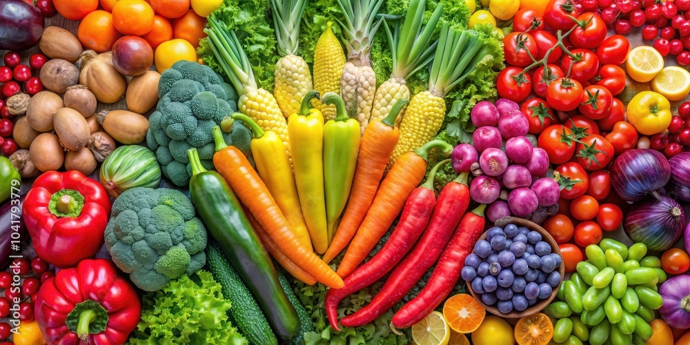 Assortment of fresh organic fruits and vegetables in rainbow colors , healthy, farm, produce, vibrant, natural Assortment of fresh organic fruits and vegetables in rainbow colors , healthy, farm, produce, vibrant, natural
