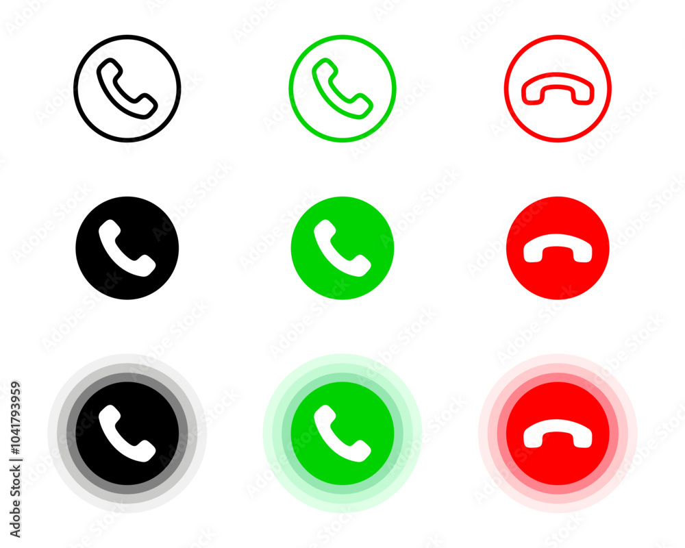 Call button Icon. Phone Dial Symbols. Answer and Decline sign. Green and Red vector button.