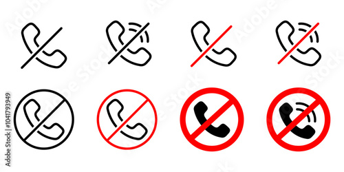 Phone calling not allowed symbol set. Call ban sign. Off the phone warning icon. Noise is forbidden label. Prohibition sticker for area places.