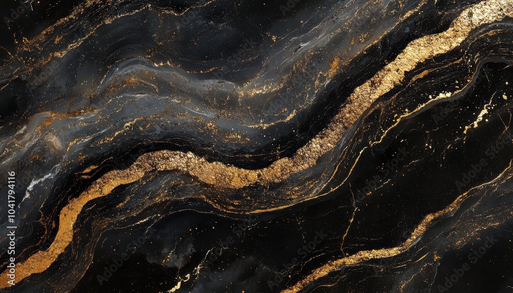Elegant black and gold marble texture with wavy patterns and shimmering accents Elegant black and gold marble texture with wavy patterns and shimmering accents