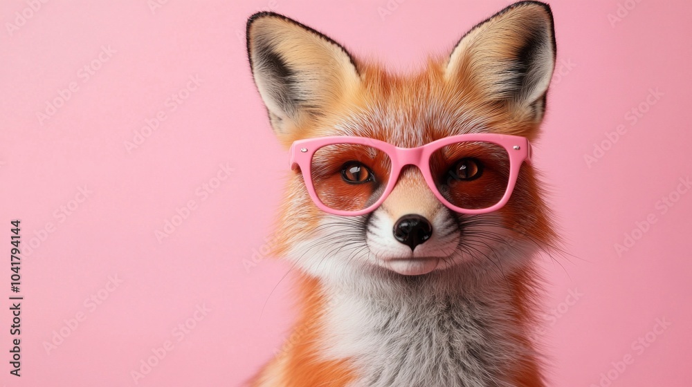 A fox wearing pink glasses is standing on a pink background