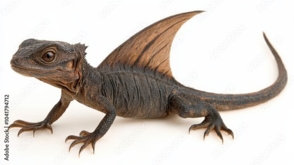 Naklejka premium Uncommon pet sailfin dragon lizard, standing tall with its distinct sail fin raised against the white backdrop.
