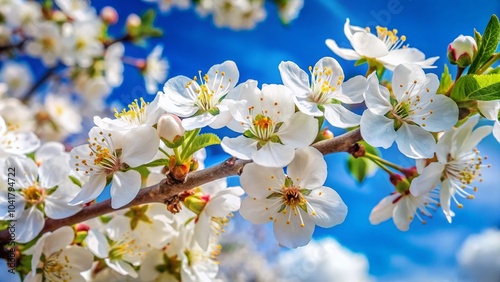 Close-Up of Delicate White Flowers on Tree Branch Against a Clear Blue Sky