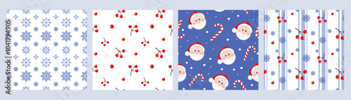Chtistmas seamless pattern set with Santa Claus, snowflakes, candy cane, red berries, Chtistmas holly. Design for print, wrapping paper, textile, fabric, wallpaper. Vector illustration