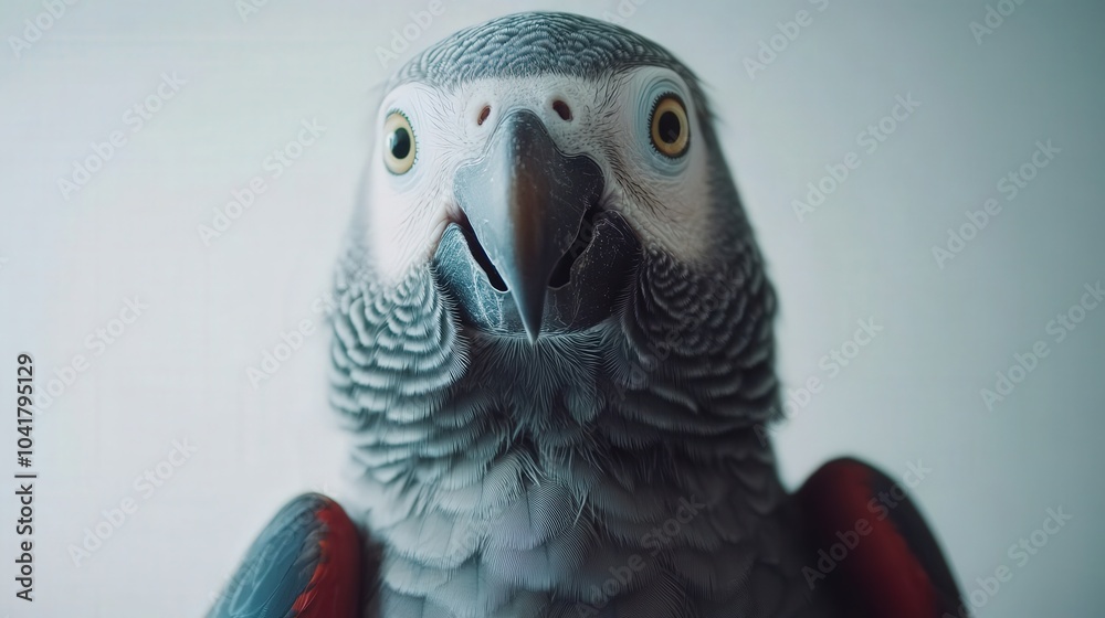 Fototapeta premium Unique African grey parrot with red tail feathers and a curious expression, perched on white.