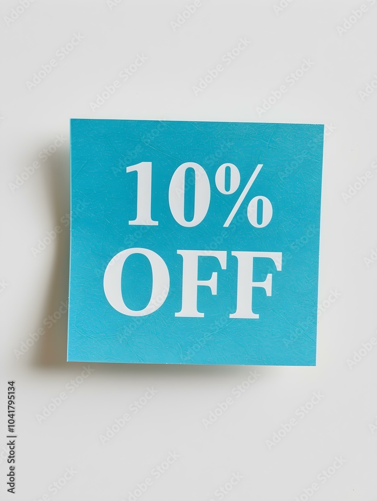 White '10% OFF' Text on a Cyan Square Paper Note. White Background White '10% OFF' Text on a Cyan Square Paper Note. White Background