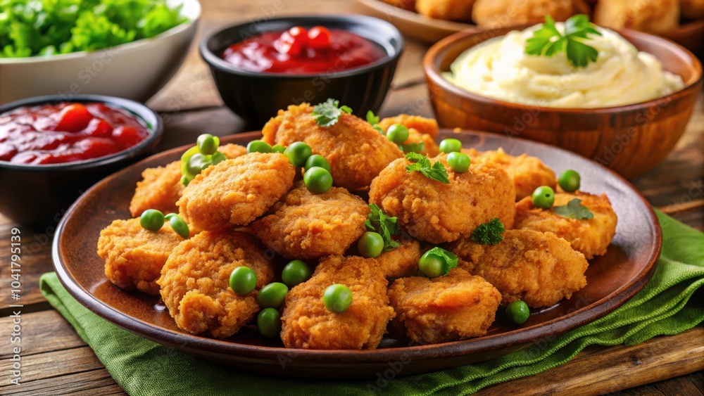 A plate of crispy fried nuggets garnished with fresh green peas and parsley, accompanied by dipping sauces and mashed potatoes. A plate of crispy fried nuggets garnished with fresh green peas and parsley, accompanied by dipping sauces and mashed potatoes.