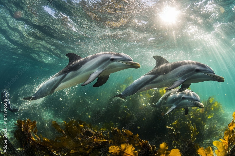 Fototapeta premium Dolphins swimming gracefully under shining ocean light near kelp