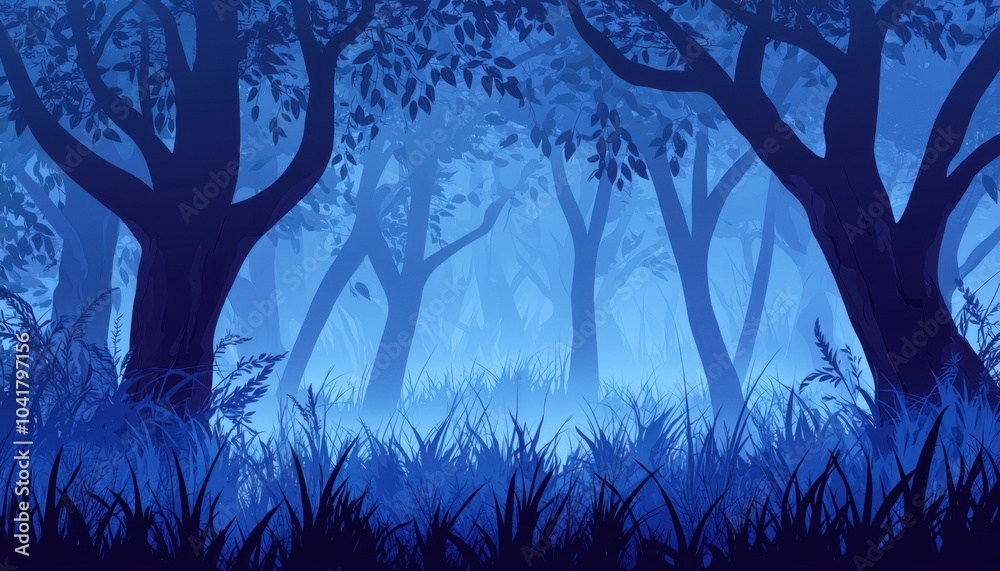 A serene, misty forest scene in shades of blue, evoking a calm and mysterious atmosphere.