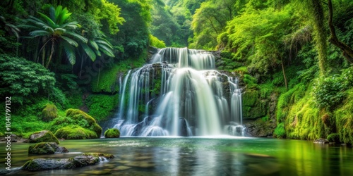 Waterfall cascading through lush green forest , nature, landscape, serene, tranquil, peaceful, woods, trees, wilderness