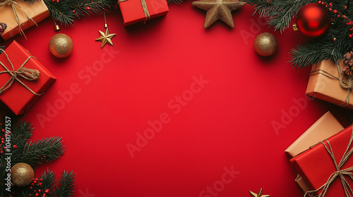 Gift boxes with Xmas tree branches, golden stars and baubles on red background. Flat lay, top view, copy space.