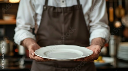 Waiter wearing an apron, holding an empty plate with both hands in a restaurant. Hospitality and service concept