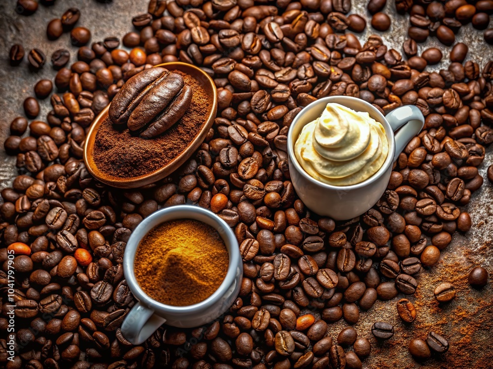 Fototapeta premium Closeup of Roasted Coffee Beans with Ground Coffee and Cream Flowing on Textured Background for Coffee Lovers and