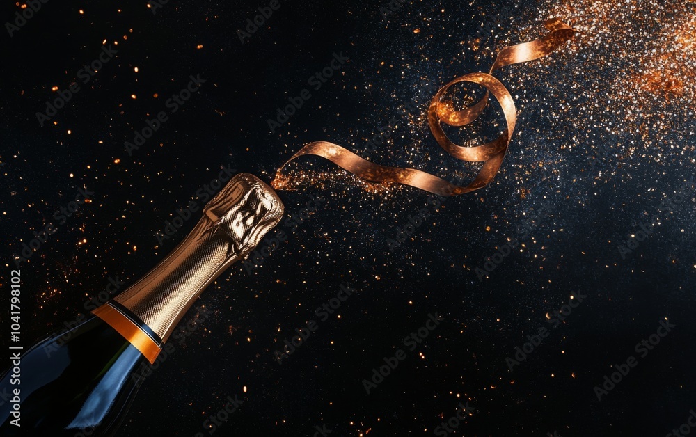 Fototapeta premium Sparkling champagne bottle with cork flying off, ribbons flowing outward, leaving clear space at the top for text