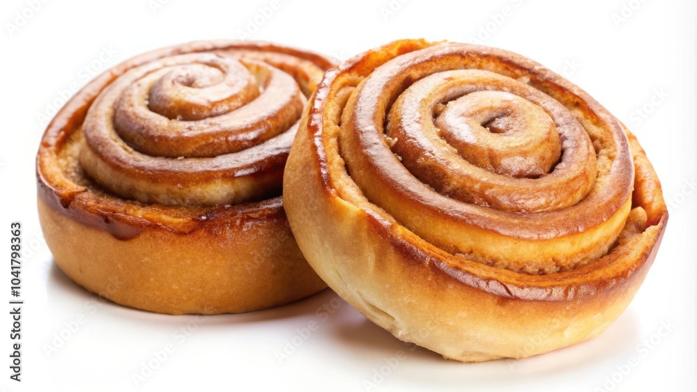 Two freshly baked cinnamon rolls with a glossy cinnamon swirl and a sugary glaze, isolated on a white background. Two freshly baked cinnamon rolls with a glossy cinnamon swirl and a sugary glaze, isolated on a white background.