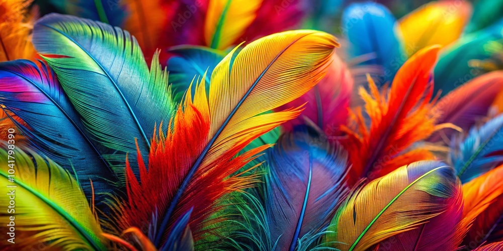 Closeup of Vibrant Colored Feathers in a Stunning Display of Nature's Palette Closeup of Vibrant Colored Feathers in a Stunning Display of Nature's Palette