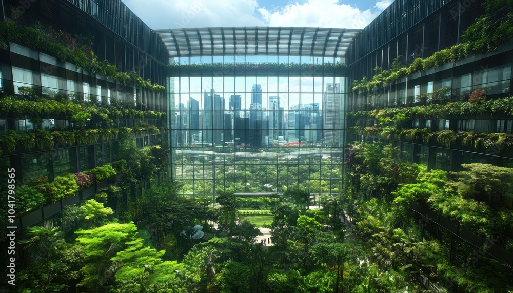 Lush greenery and urban skyline blend harmoniously in a modern building setting Lush greenery and urban skyline blend harmoniously in a modern building setting