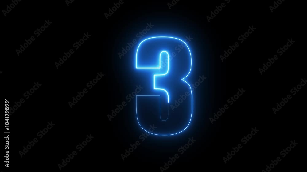Glowing neon animated number 3. 3 - one hot burning number on black background ,cyan color looping trendy glowing neon numeric number 3. Educational mathematics concept with neon letter 