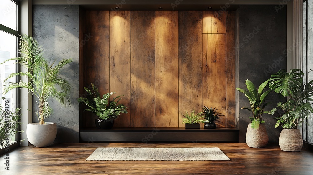 Front view of blank wall composed of rich textured wooden planks with a touch of greenery and a stylish rug creating an inviting space ideal for a captivating mockup Front view of blank wall composed of rich textured wooden planks with a touch of greenery and a stylish rug creating an inviting space ideal for a captivating mockup