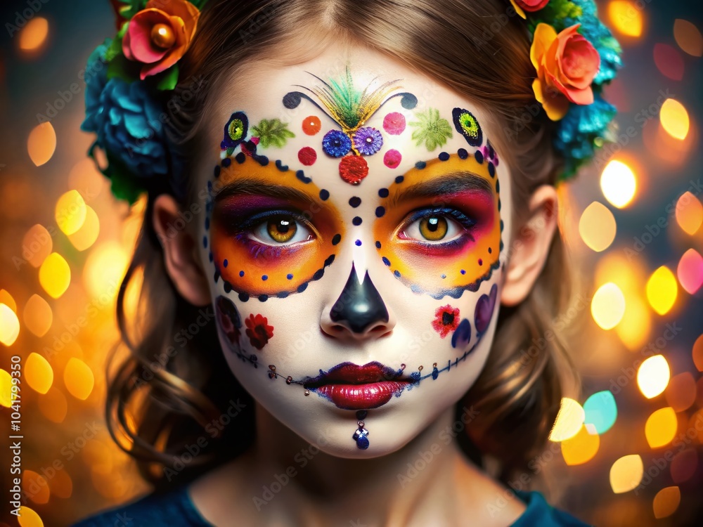 Close-Up Portrait of Beautiful Young Girl with Colorful Halloween Face Painting and Bokeh Effect for Makeup Beauty Close-Up Portrait of Beautiful Young Girl with Colorful Halloween Face Painting and Bokeh Effect for Makeup Beauty