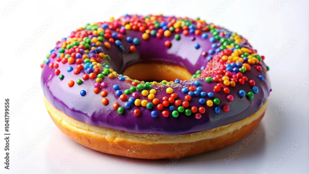 A single, glazed donut with a purple icing and a sprinkle of colorful sprinkles, sitting on a plain white surface. A single, glazed donut with a purple icing and a sprinkle of colorful sprinkles, sitting on a plain white surface.