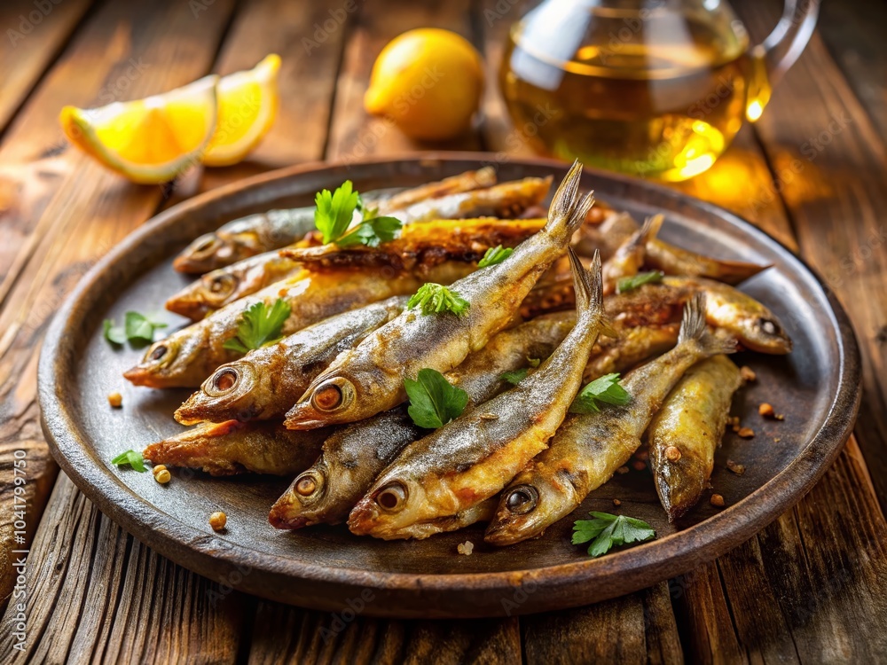 Close-Up Tilt-Shift Photography of Fried Anchovies Hamsi in Crispy Golden Perfection Close-Up Tilt-Shift Photography of Fried Anchovies Hamsi in Crispy Golden Perfection