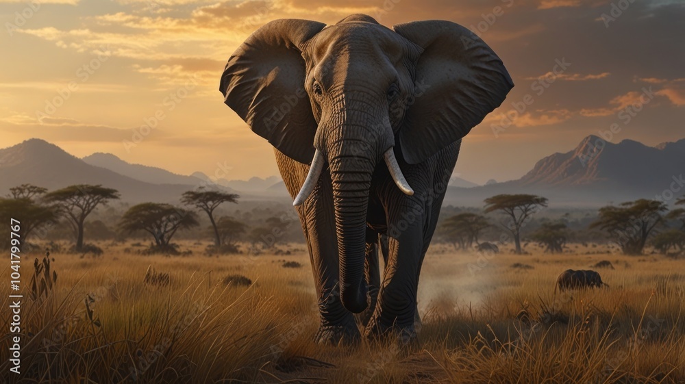 Obraz premium an African elephant standing tall in a vast savanna landscape. The setting sun casts a warm glow on the elephant's wrinkled skin and its impressive tusks.