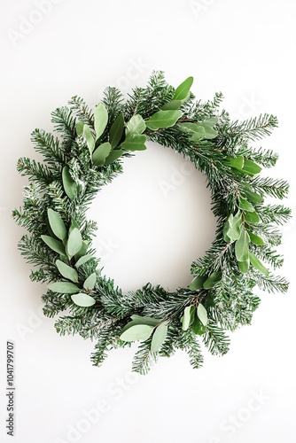 Green festive wreath on white background with copy space