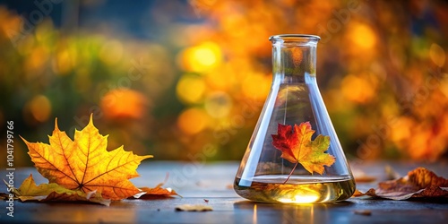 Chemistry experiment with autumn leaves in flask on blurred background photo